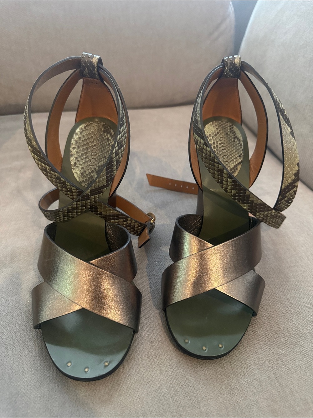 Gucci Metallic Olive Cross-Strap Heeled Sandals
